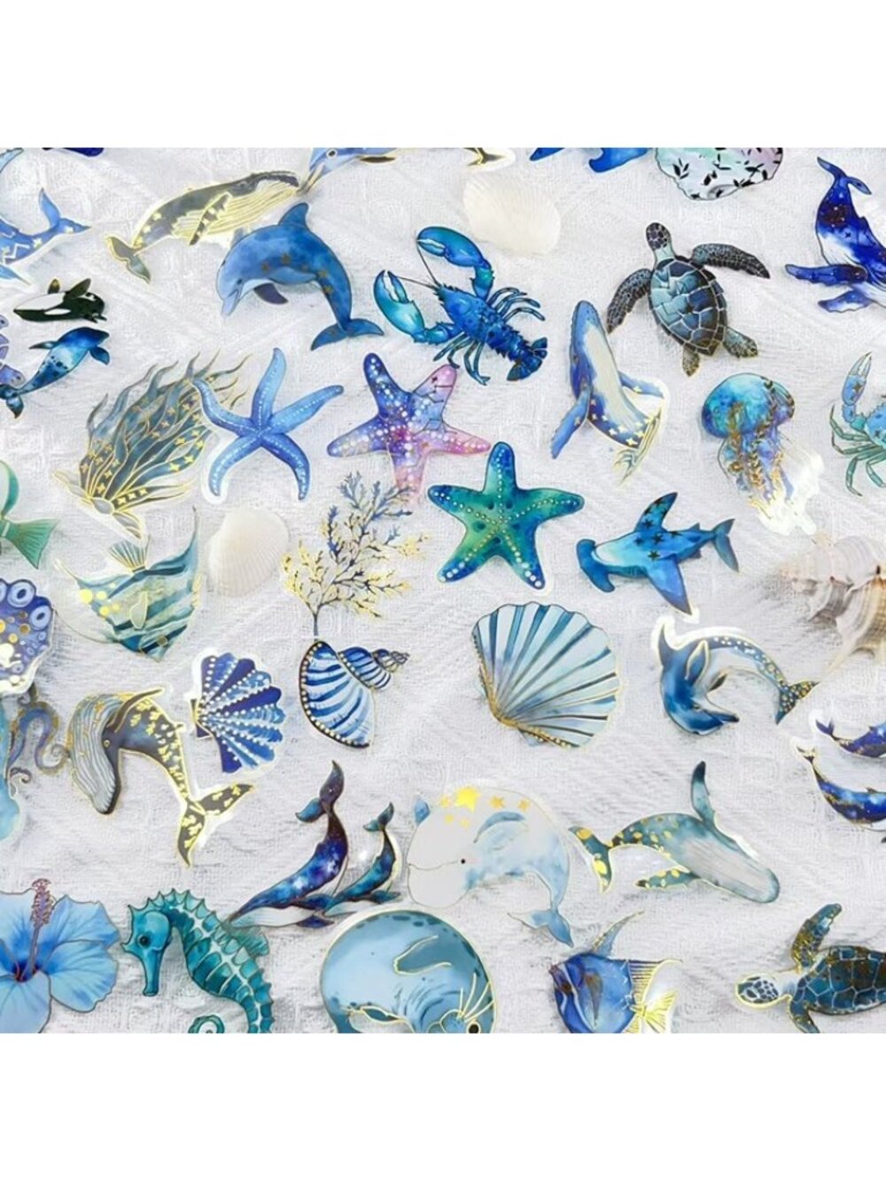 50 PCs Ocean Animal Stickers Blue Sea Life Whale Shark Jellyfish Gold Accent Dec
